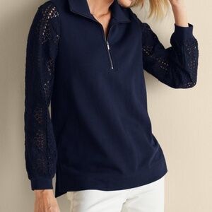 Soft Surroundings Crochet Sleeve French Terry Tunic | Navy | Size PXL | NWT